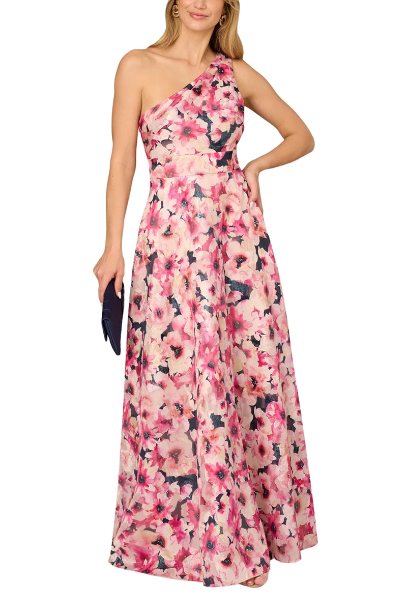 Aidan Mattox Floral Print Jacquard One-Shoulder Sleeveless with Pockets Ball Gown