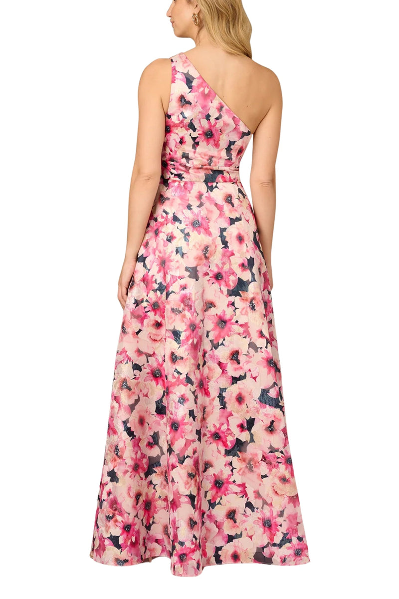 Aidan Mattox Floral Print Jacquard One-Shoulder Sleeveless with Pockets Ball Gown