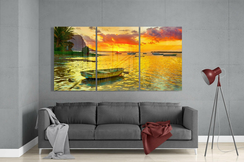 Sunset and Boat Glass Wall Art