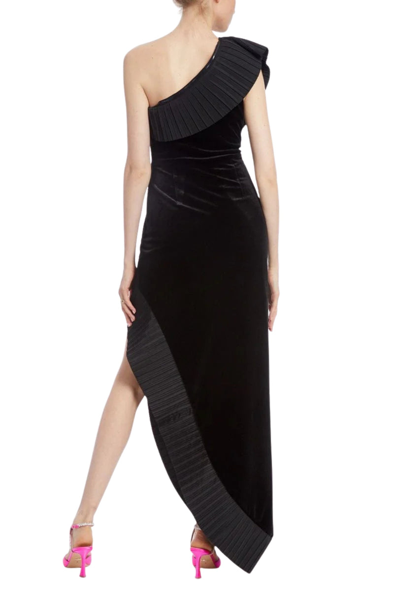 One33 Social Mercer Velvet Black Sleeveless Asymmetric One-Shoulder Neckline Pleated Ruffle Sheath Gown Dress