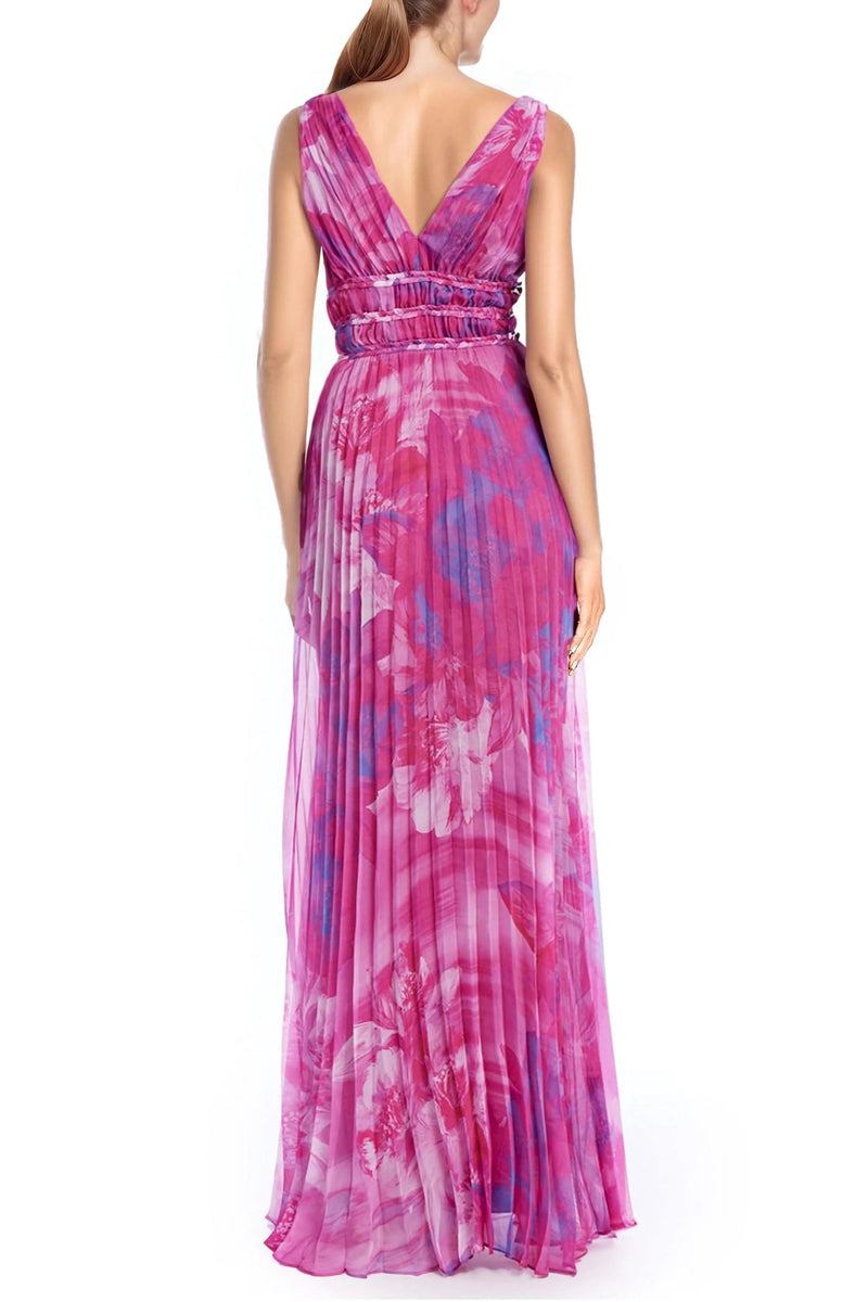 One 33 Social Perry Pleated Plunge V-Neckline Sleeveless Chiffon Maxi A-Line Gown Dress