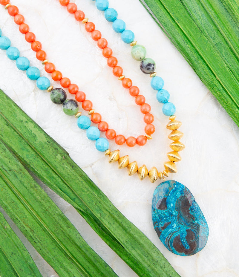 Mandy Orange and Blue Jasper Pendant Statement Necklace