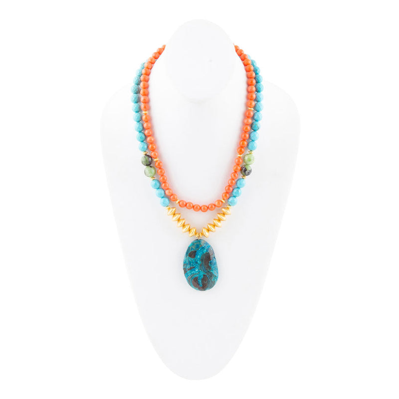 Mandy Orange and Blue Jasper Pendant Statement Necklace