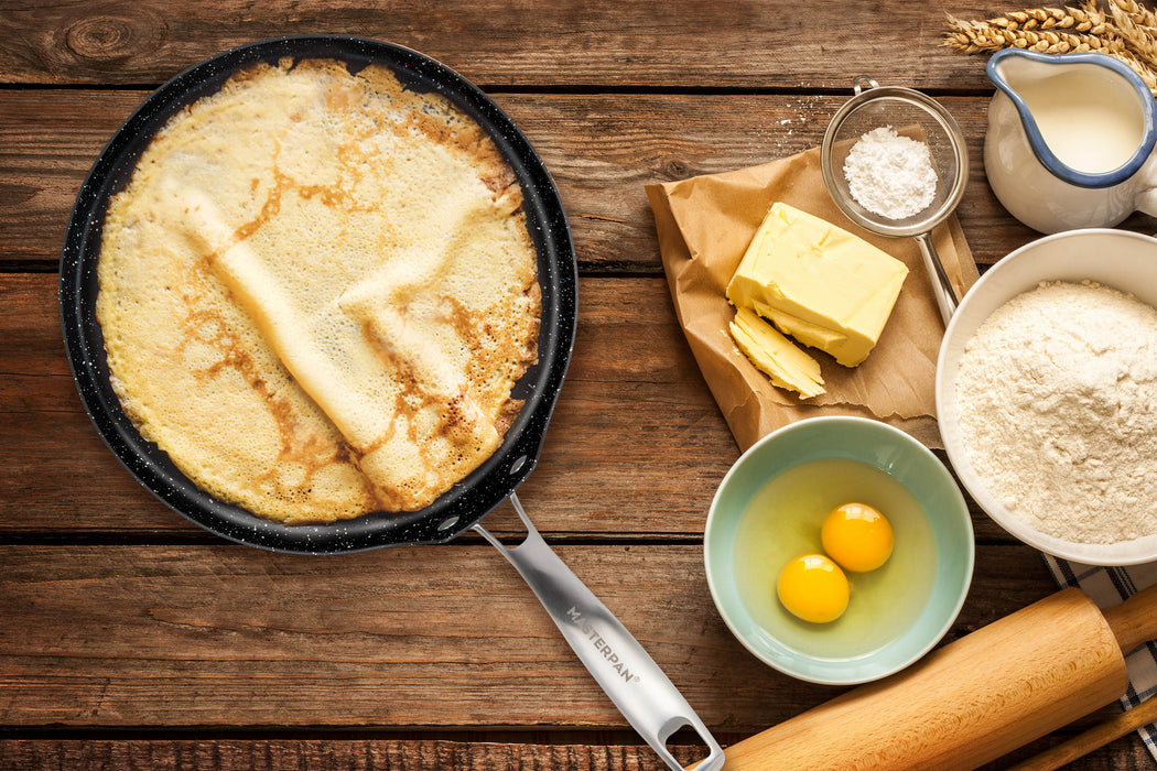 3 PACK BUNDLE - 9.5" FRY PAN + 11" CREPE PAN + 7" SAUCEPAN WITH GLASS LID, WITH STAINLESS STEEL RIVETED HANDLES, CAST ALUMINUM WITH SUPERIOR NON-STICK