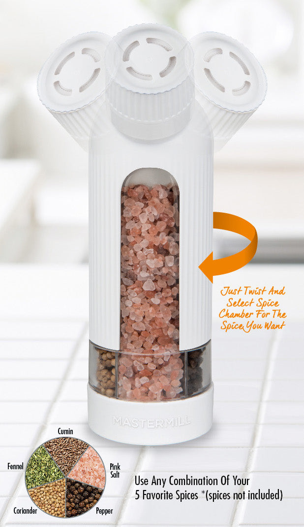 5-in-1 Multi Section Spice Grinder & Dispenser, White (Spices Not Included)