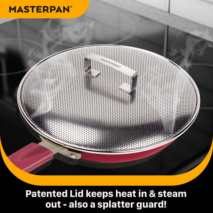 MASTERPAN Ceramic Nonstick Stovetop Oven Frypan & Skillet with Stainless Steel Lid & Utensils, Beet 9.5" (24cm)