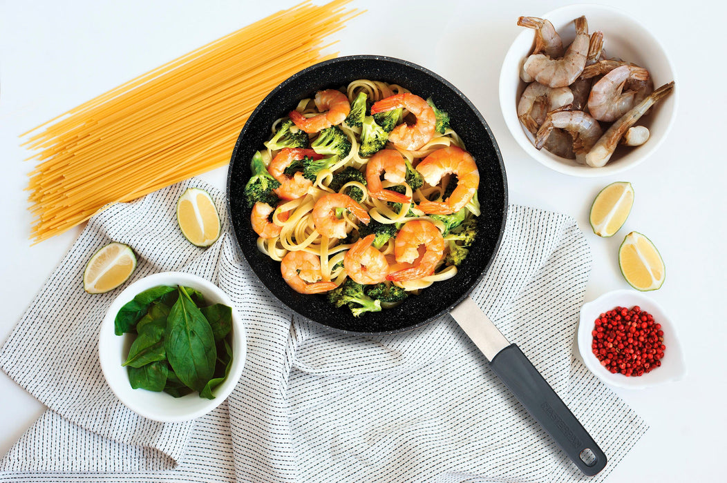 3-PACK CHEFS BUNDLE - 8"+ 9.5"+11" FRY PAN SET, WITH STAINLESS STEEL HANDLE, SILICONE HANDLE COVER, CAST ALUMINUM WITH SWISS BRAND ILAG GRANITEC NON-STICK