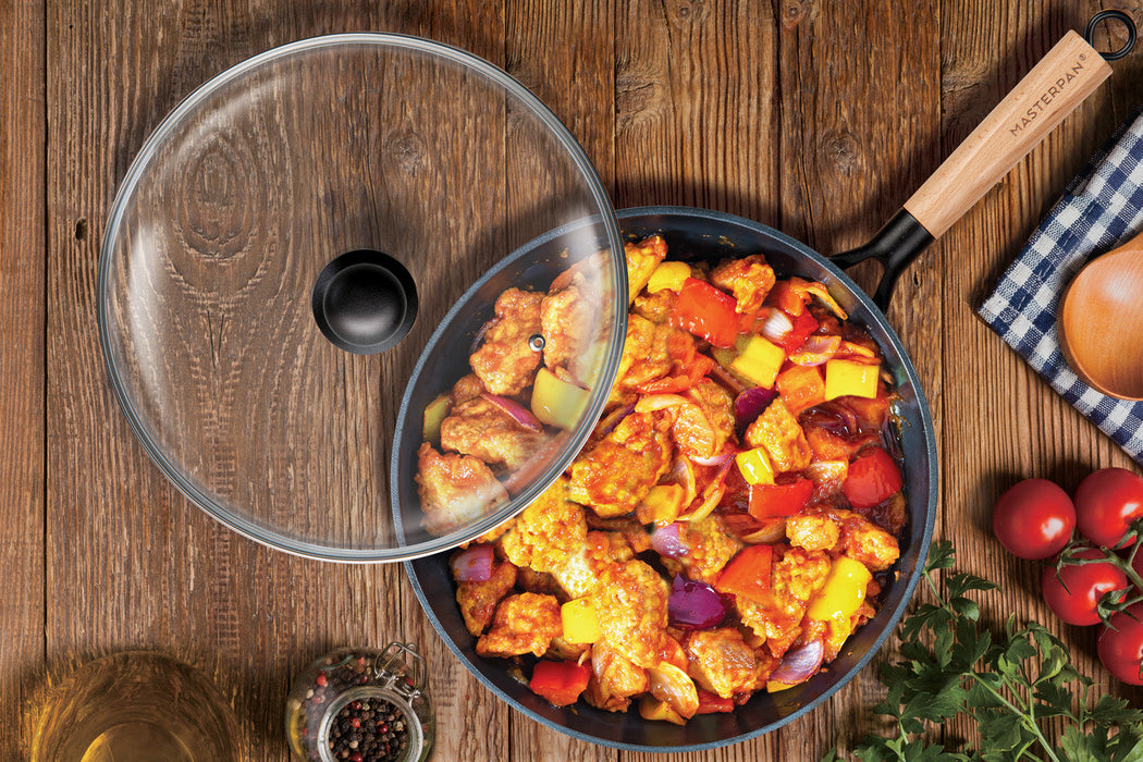 MASTERPAN Nonstick Carbon Steel Wok with Glass Lid & Wooden Utensils, 12" (30cm)