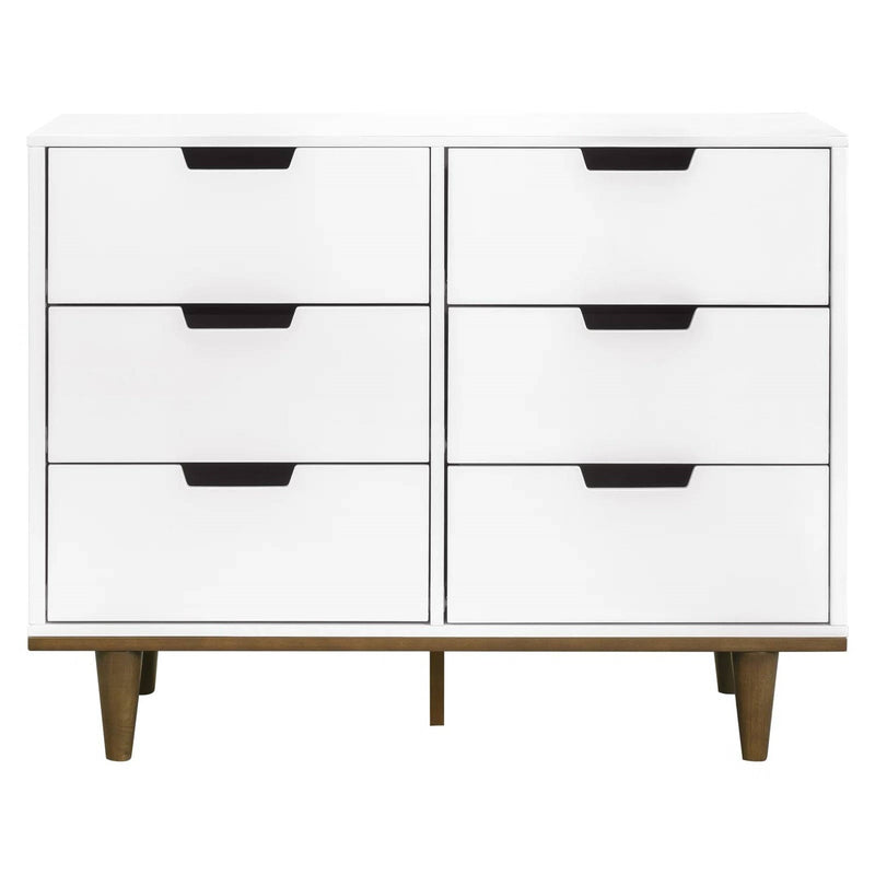 Modern Mid-Century Style 6-Drawer Double Dresser in White Walnut Wood Finish