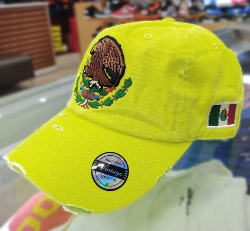 Mexico Vintage Hats With Mexican Flag and Shield Neon Lime Hat