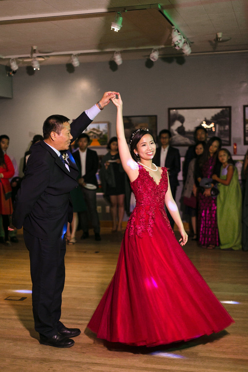 Mysteria - Ruby red deep V-neck lace soft tulle prom dress colored wedding dress
