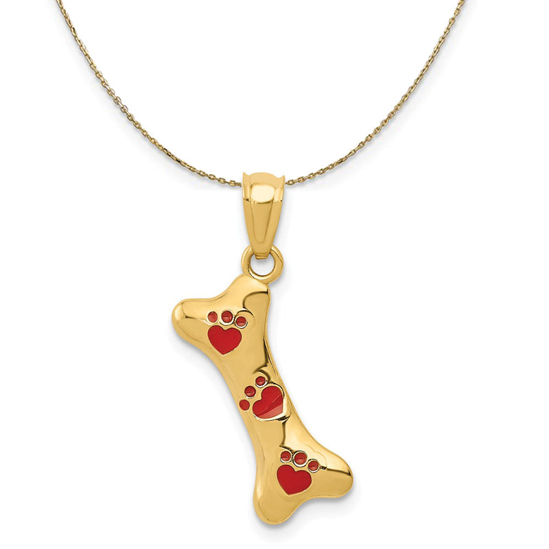 14k Yellow Gold Dog Bone and Red Enamel Paw Prints Necklace