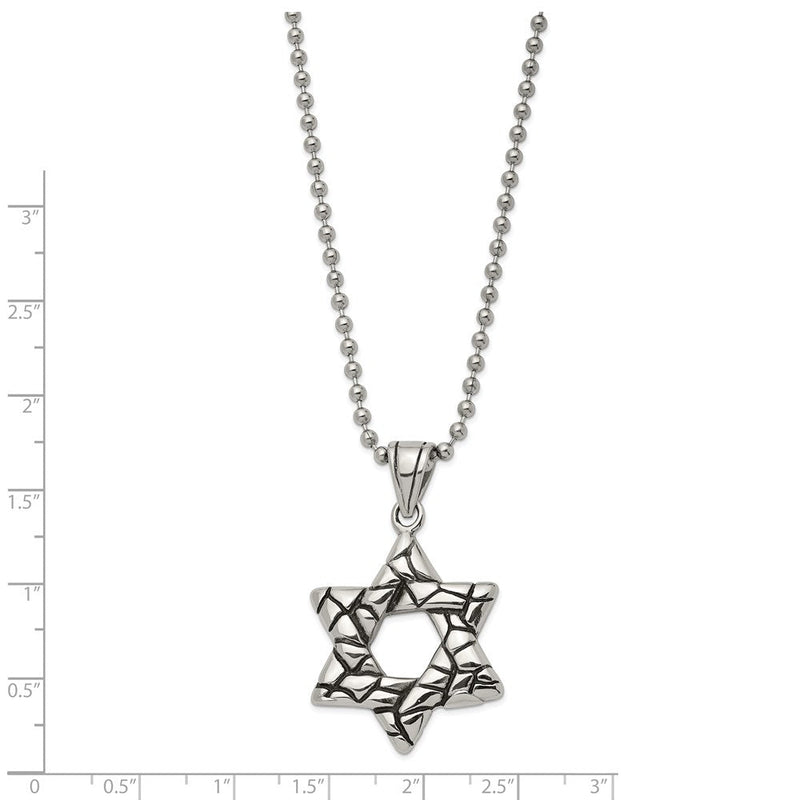 Men's Stainless Steel Antiqued 3D Star of David Necklace, 24 Inch