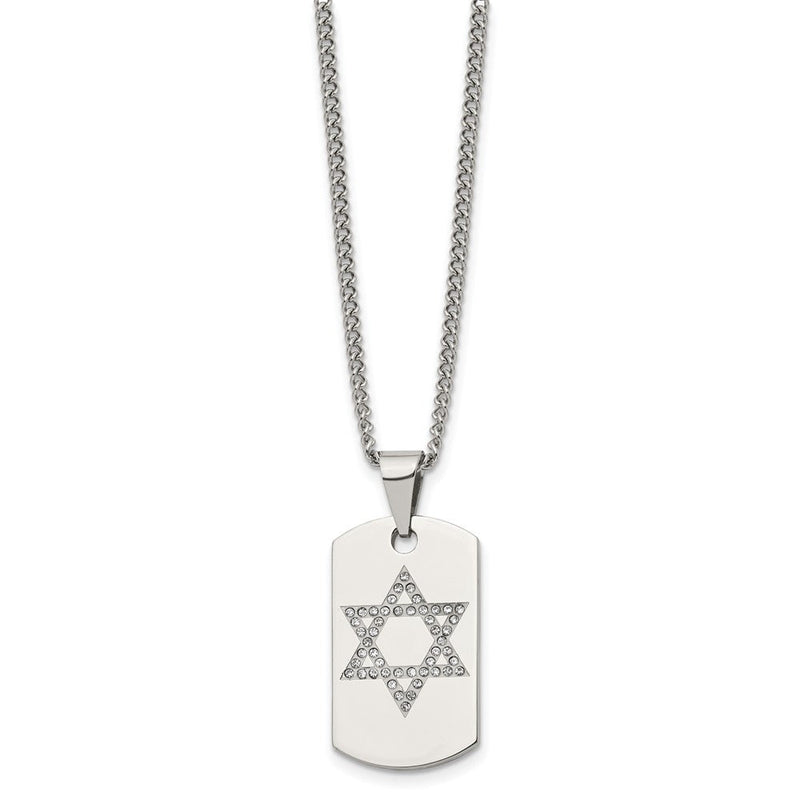 Stainless Steel & CZ Small Star of David Dog Tag Necklace, 22 Inch