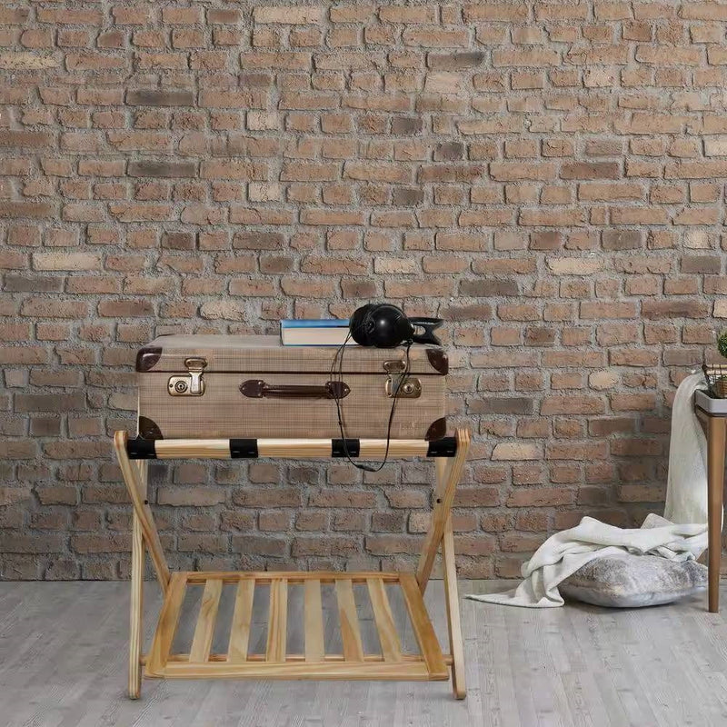 Solid Wood Luggage Rack with Bottom Storage Shelf in Natural with Black Straps