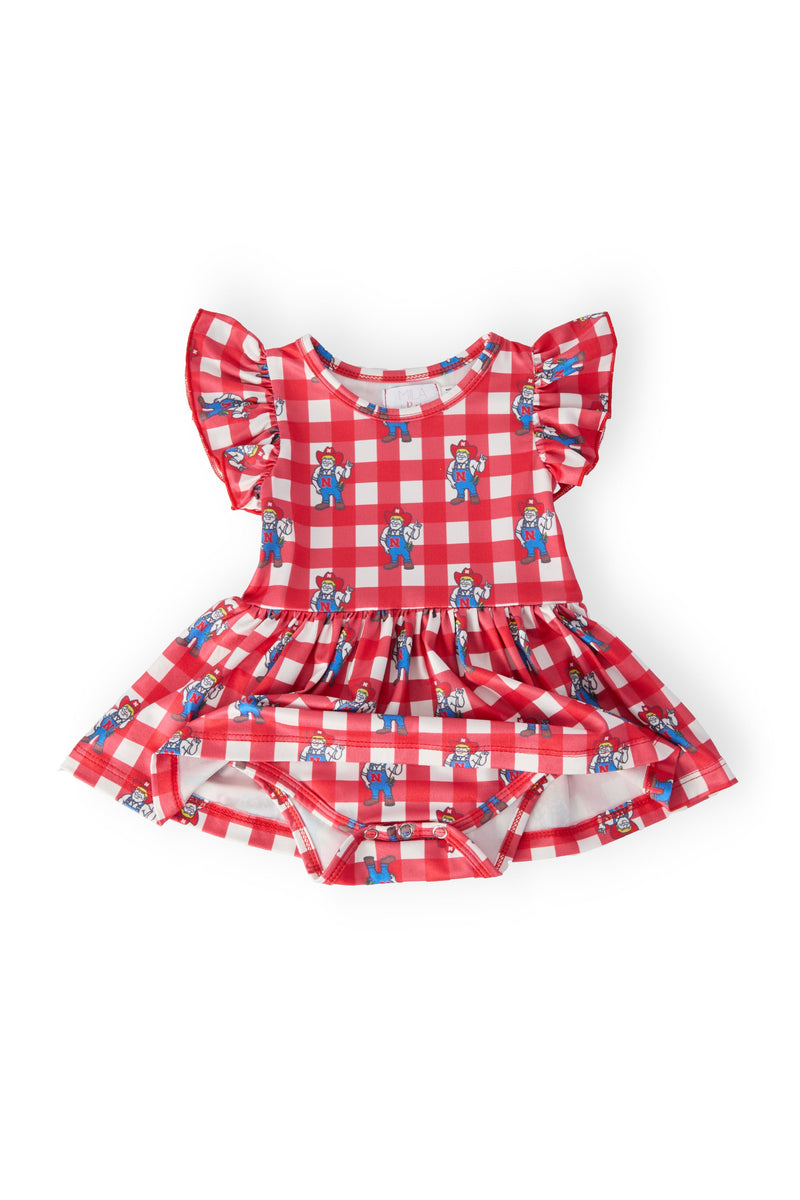 Nebraska Plaid Herbie Husker S/S Flutter Twirl Bodysuit