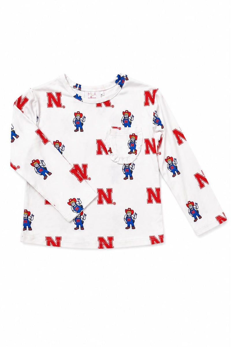 Nebraska White Herbie Husker L/S Ruffle Pocket Tee