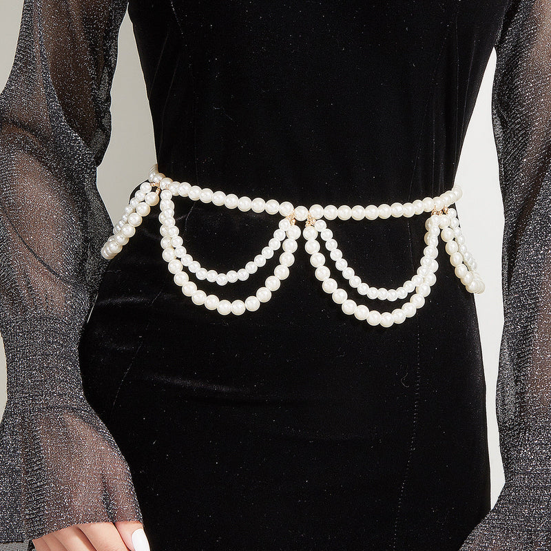 Multi-Layer Pearl Body Chain Circular Tassel Bead Skirt Belt