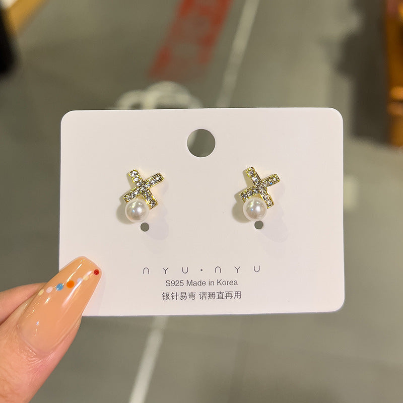 Sweet Pearl Studs Cross Earrings