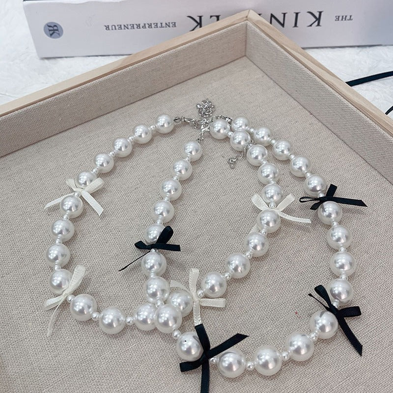 Ribbon Bow Necklace Women's Love Pearl Bead Layered Necklace