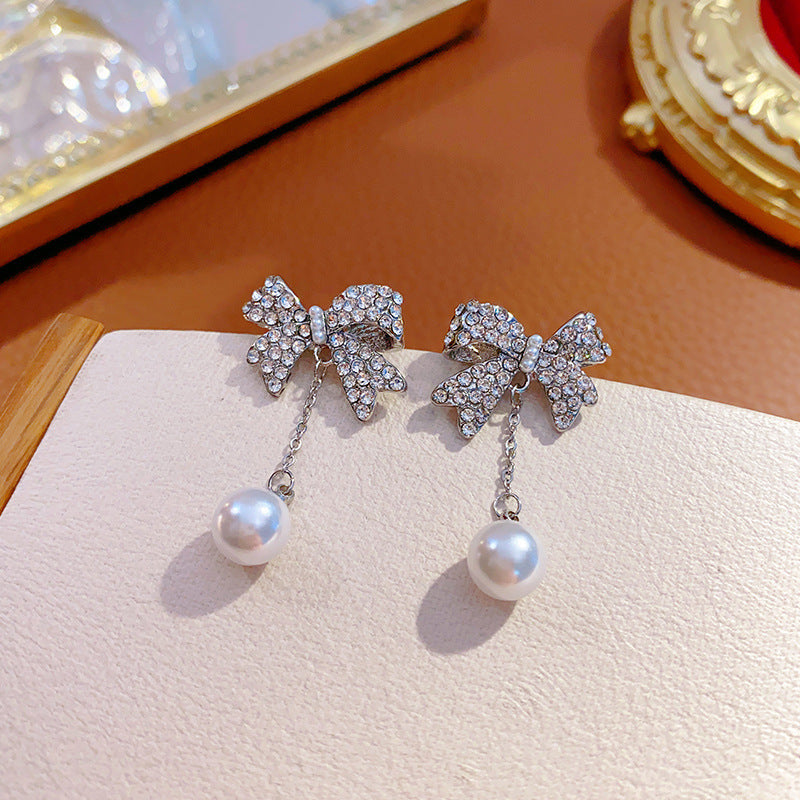 Crystal Rhinestone Bow Pearl Drop Stud Earrings