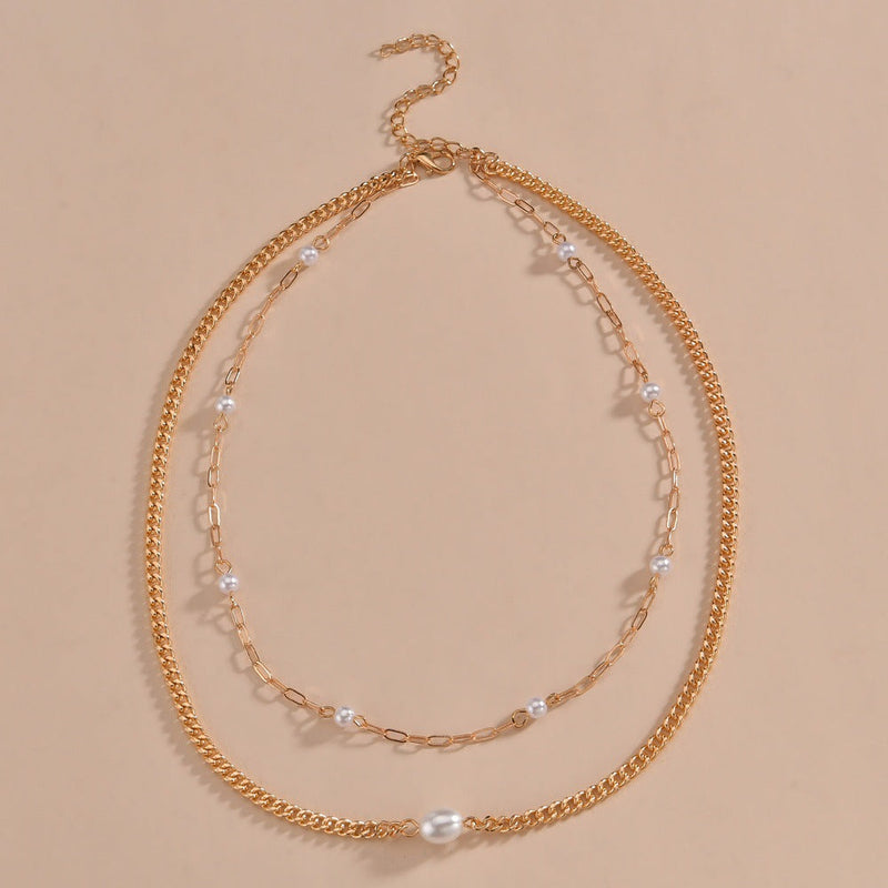 Plain Chain Layer Faux Pearl Choker Jewelry Necklace