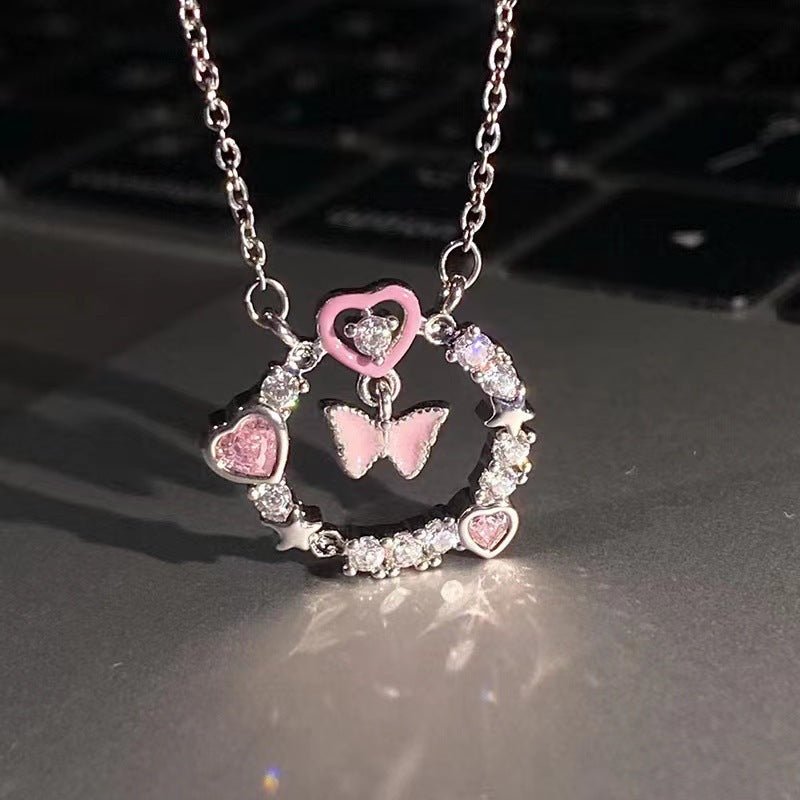 Hollowed Crystal Pink Butterfly Necklaces for Women