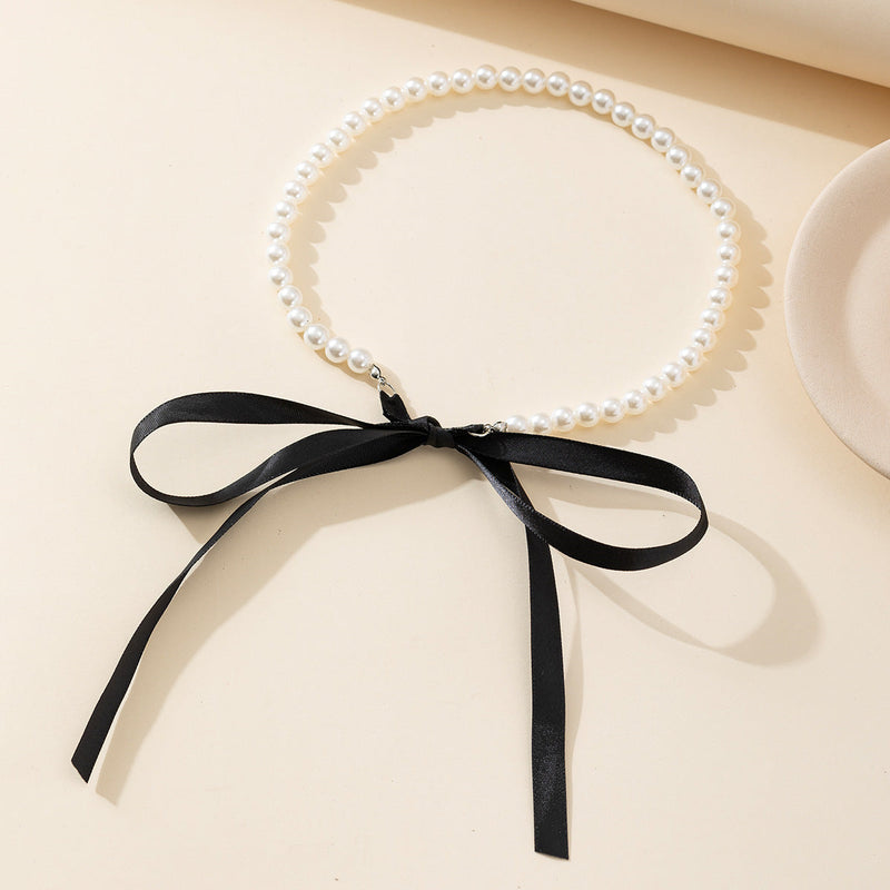 Long Bow Collarbone Chain Necklace DIY Lace up Velvet Pearl Necklace