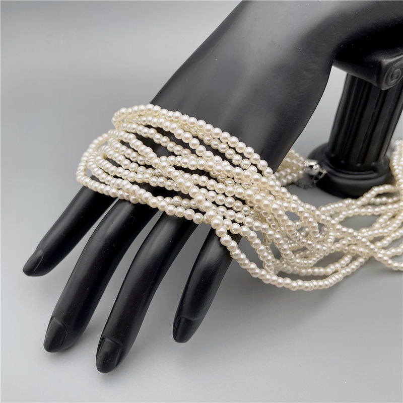 Pearl Layer Chain Grey Glass Choker Necklaces