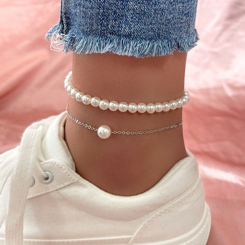 Round Imitation Pearl Chain Anklet Jewelry