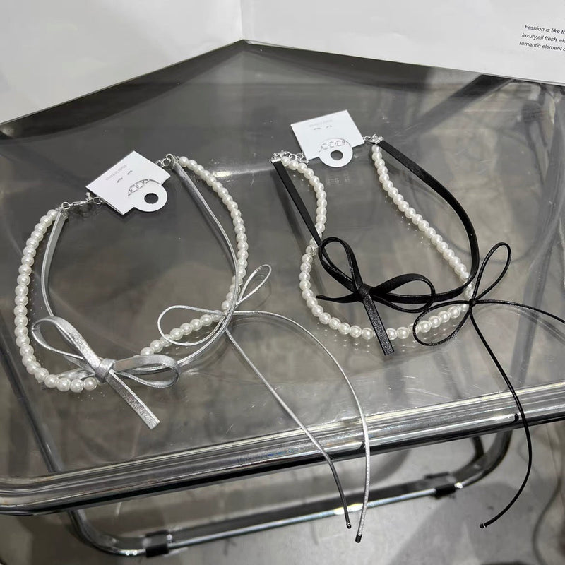 Double-layer Pearl Leather butterfly Collar Necklace Jewelry