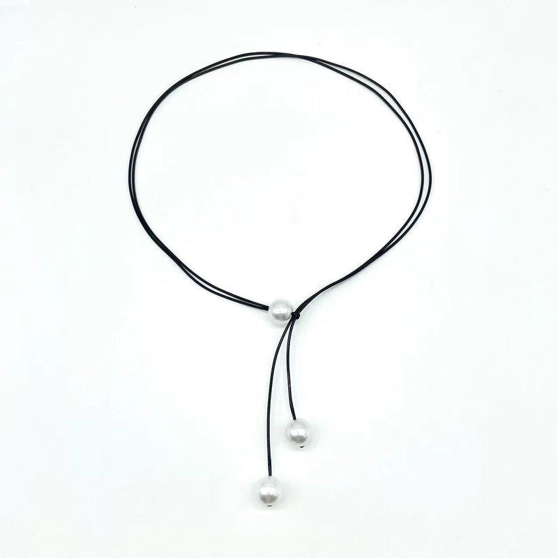 Black Wax Rope Faux Pearl Pendant Necklace