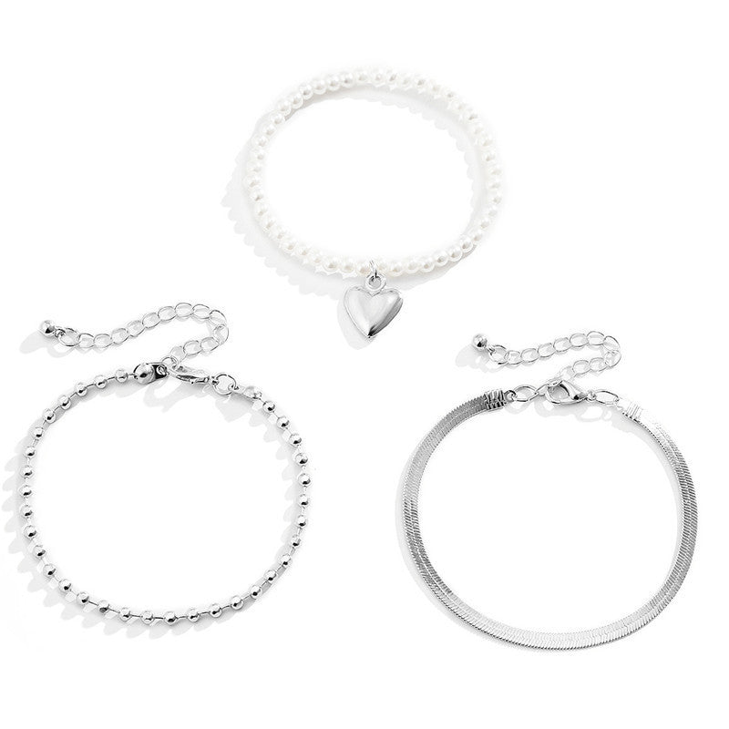 Heart Charms Pearl Beaded Bracelet Set