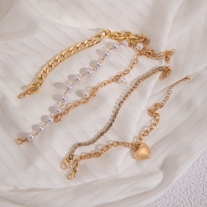 Pearl Beads Layered Bracelet Set Love Heart Pendant