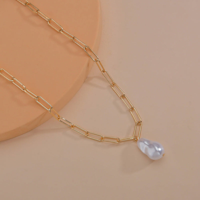 Paper Clip Chain Necklace Baroque Large Pearl Pendant