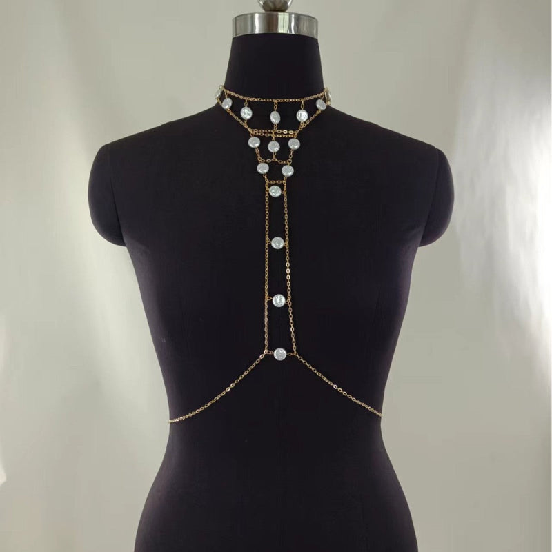 Layer Pearl Belly Chain Geometric Round Tassel Belly Chain