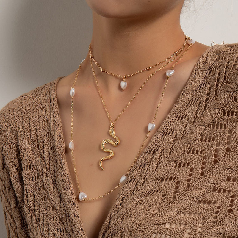 Multi Layer Fashion Chain Pearl Snake Necklace
