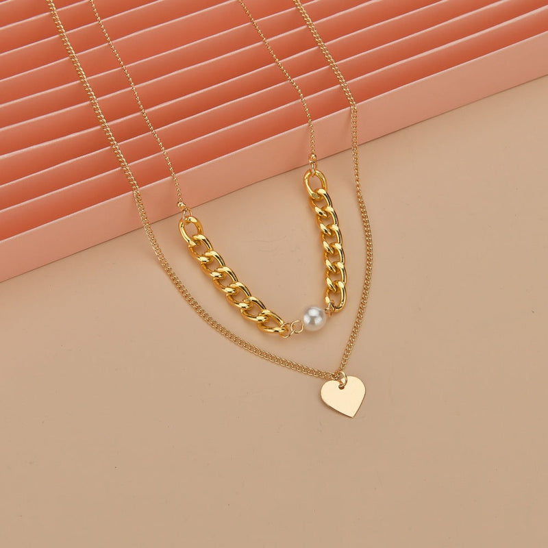 Double Layers Chain Heart Pearl Pendant Necklace