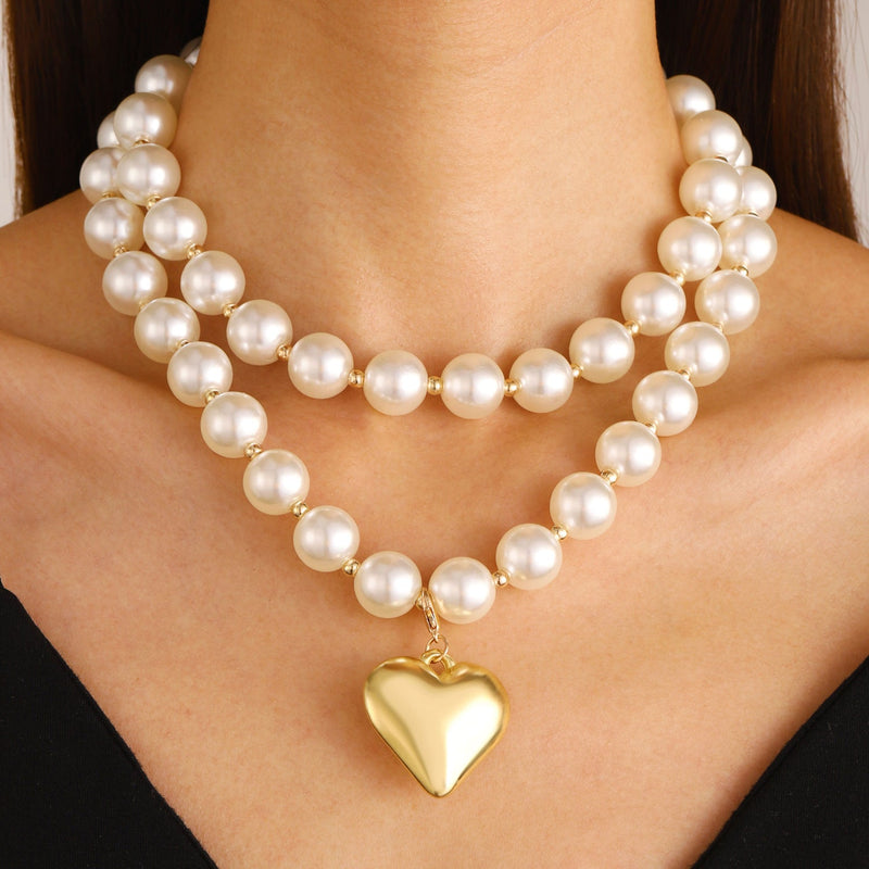 Exaggerated Multi layer Necklace Punk Chain Big Heart Pearl Necklace