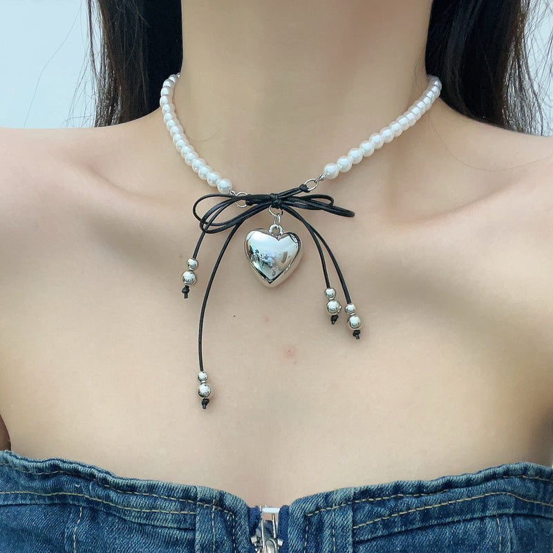 Heart Pendant White Imitation Pearl Bow Ribbon Choker Necklace for Women