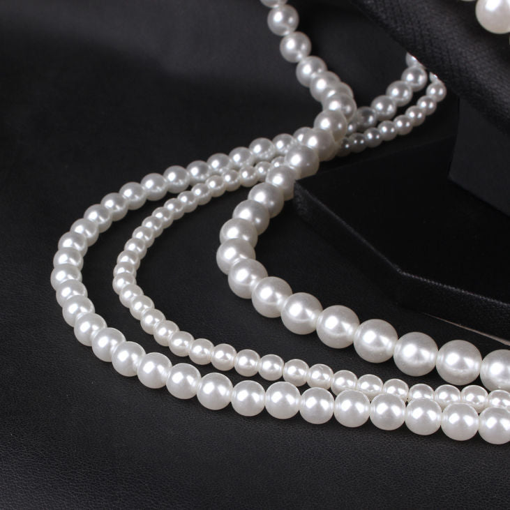 White Statement Pearl Bead Multi Layered Long Necklace Strand