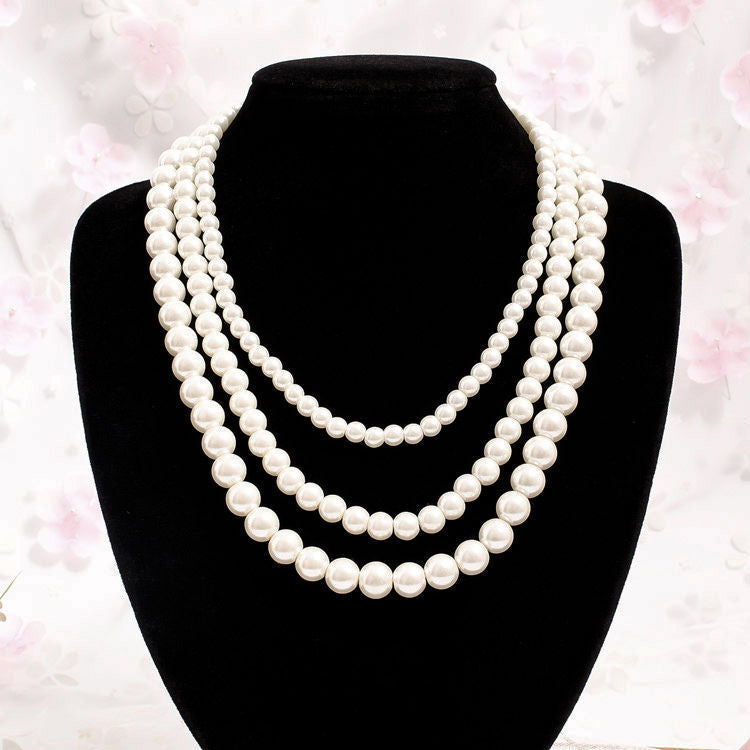 Multi Layer Nature Round Pearl Beaded Necklace Banquet Party Jewelry