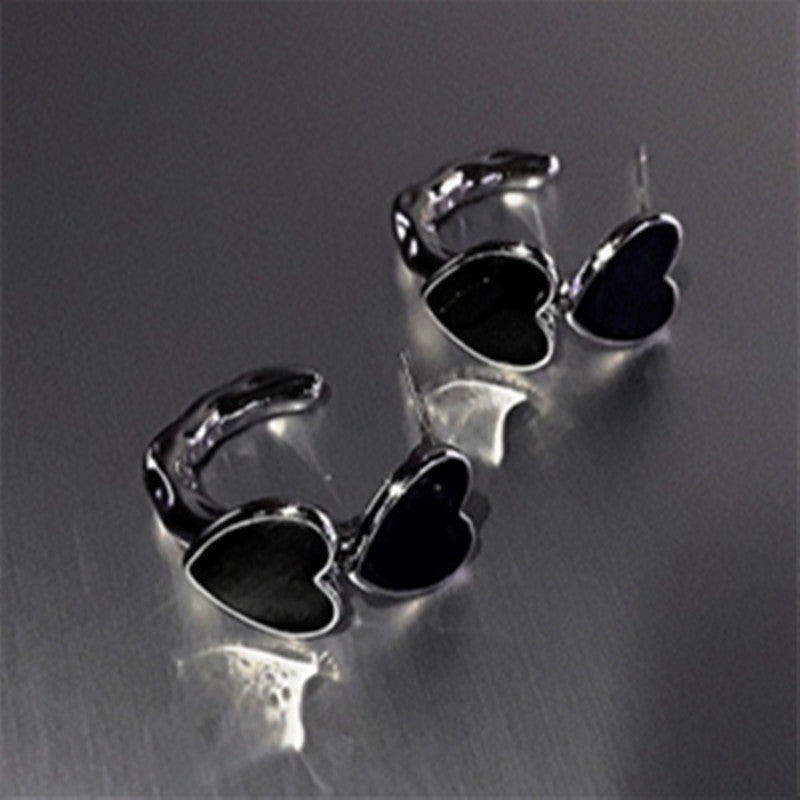 Vintage Goth Black Enamel Heart Stud Earrings