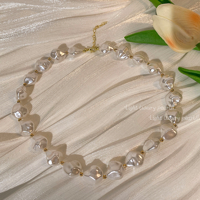 Irregular Baroque Pearl Beaded Necklace for Women Gold Pleated OT Clasp Choker
