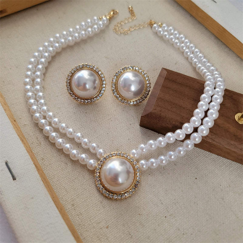 Vintage Bridal Pearl Stud Earrings Ring Pearl Beaded Rhinestone Choker Necklace Jewelry Set