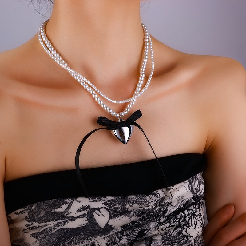 Vintage Love Charm Double Layer Pearl Choker Necklace Ribbon Bow