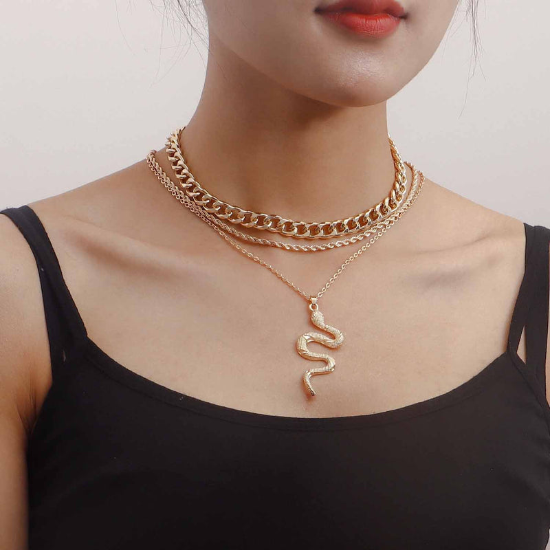 Vintage Cuban Chain Multi Layered Snake Pendant Necklace