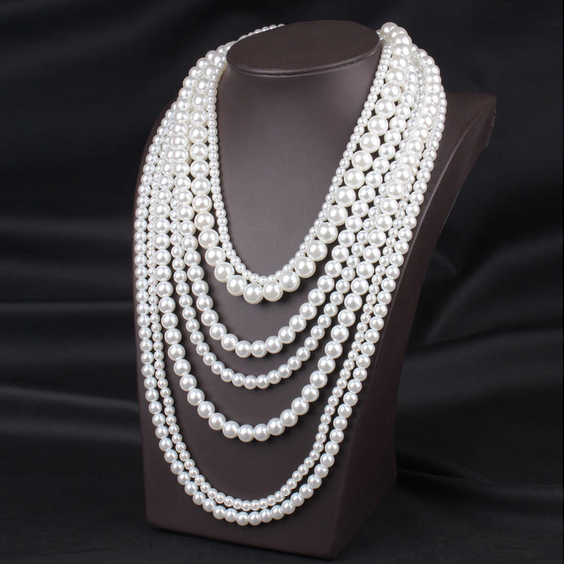 White Statement Pearl Bead Multi Layered Long Necklace Strand