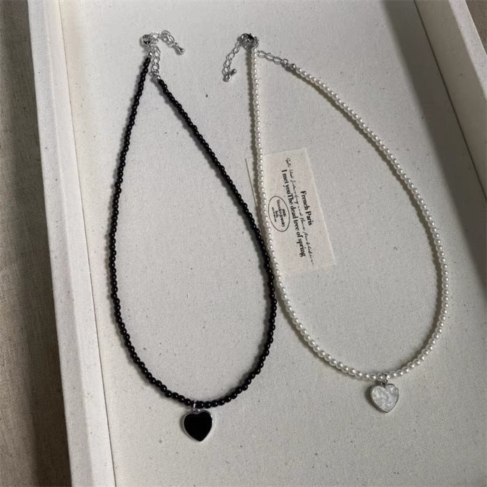 White Heart Pendant Pearl Beaded Necklace for Women