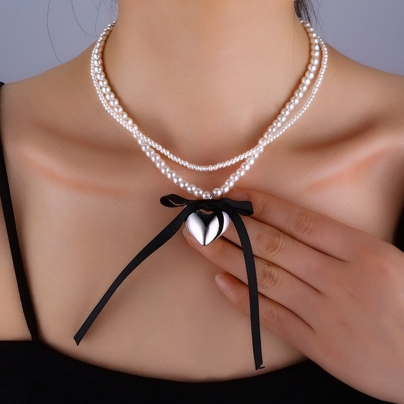 Multi-layer love Pearl Bow Necklace